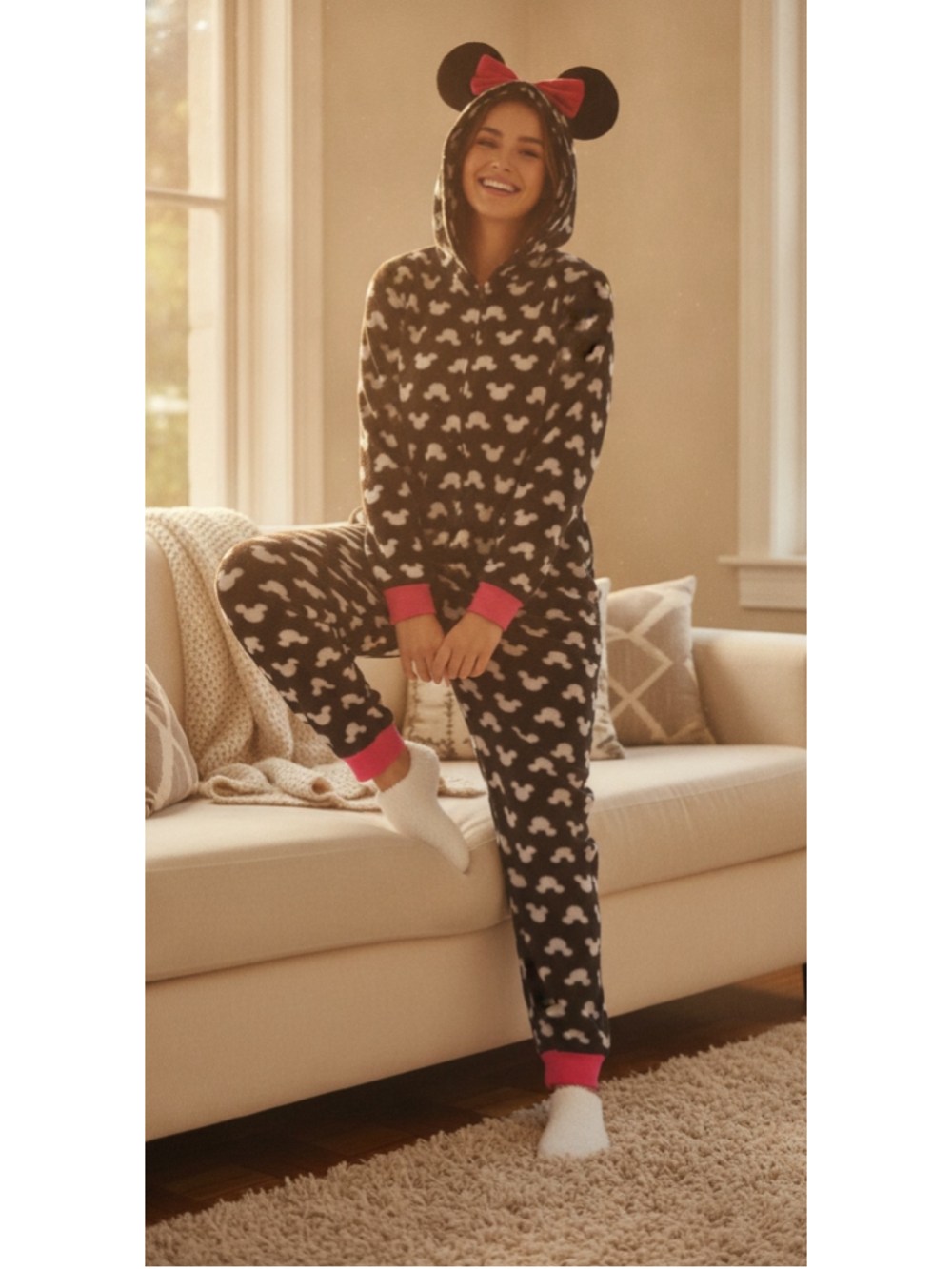 Disney Mickey Minnie Mouse Hooded Pajama Onesie Black Pink Size L
